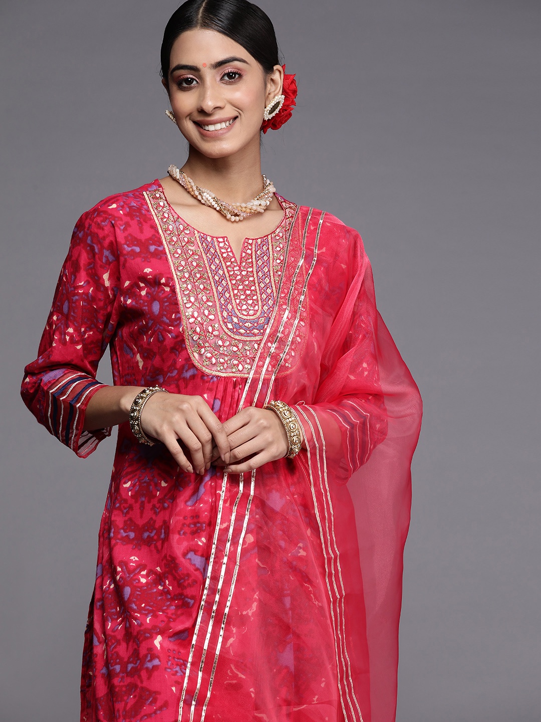 

Indo Era Women Pink Bandhani Dyed Zardozi Kurta with Palazzos & With Dupatta