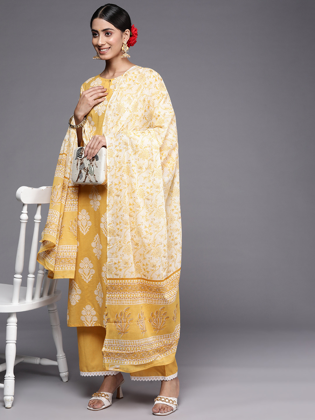 

Indo Era Women Yellow Ethnic Motifs Printed Kurta with Sharara & With Dupatta