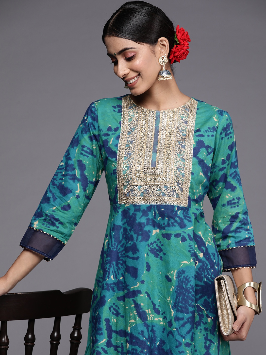 

Indo Era Women Teal Yoke Design Kurta with Palazzos