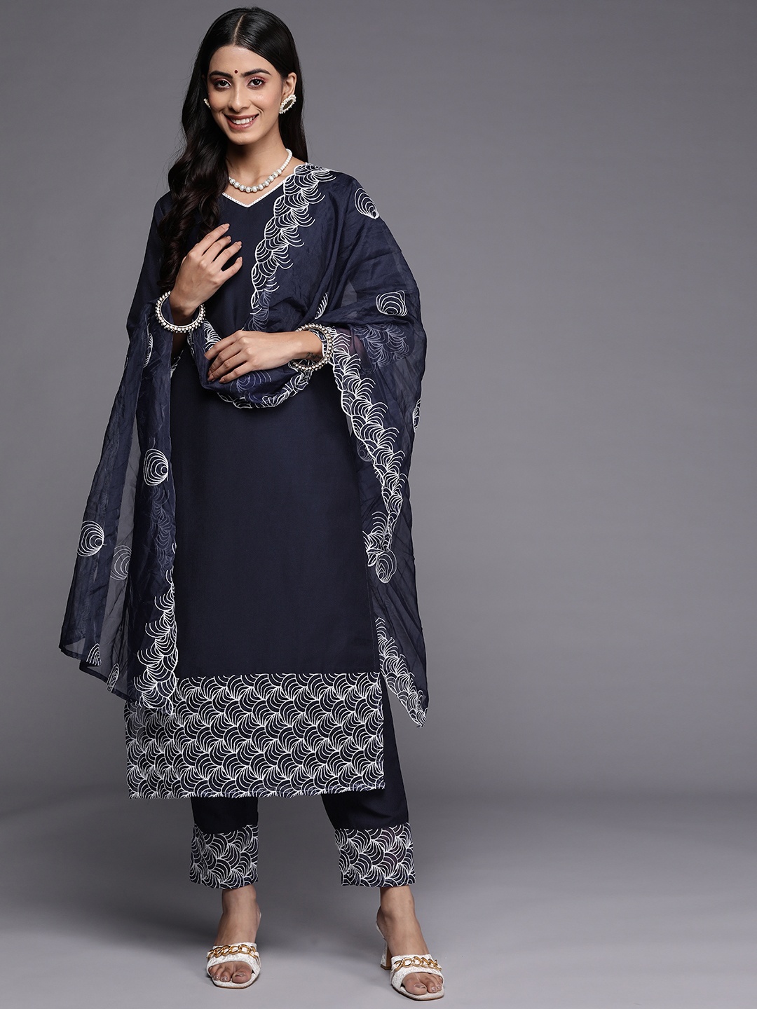 

Indo Era Women Navy Blue Embroidered Kurta with Trousers & With Dupatta
