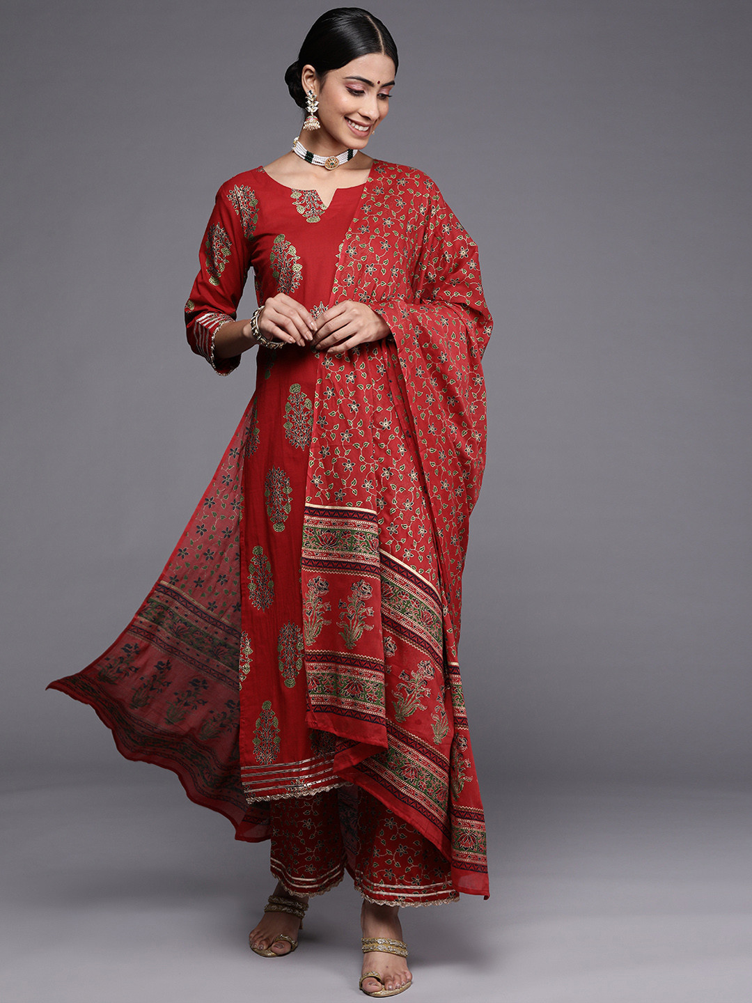 

Indo Era Women Red Ethnic Motifs Printed Kurta with Palazzos & With Dupatta
