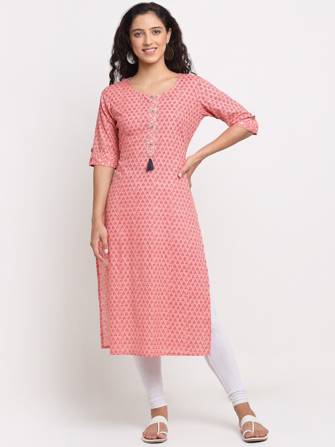 

KALINI Women Peach-Coloured Ethnic Motifs Printed Gotta Patti Kurta