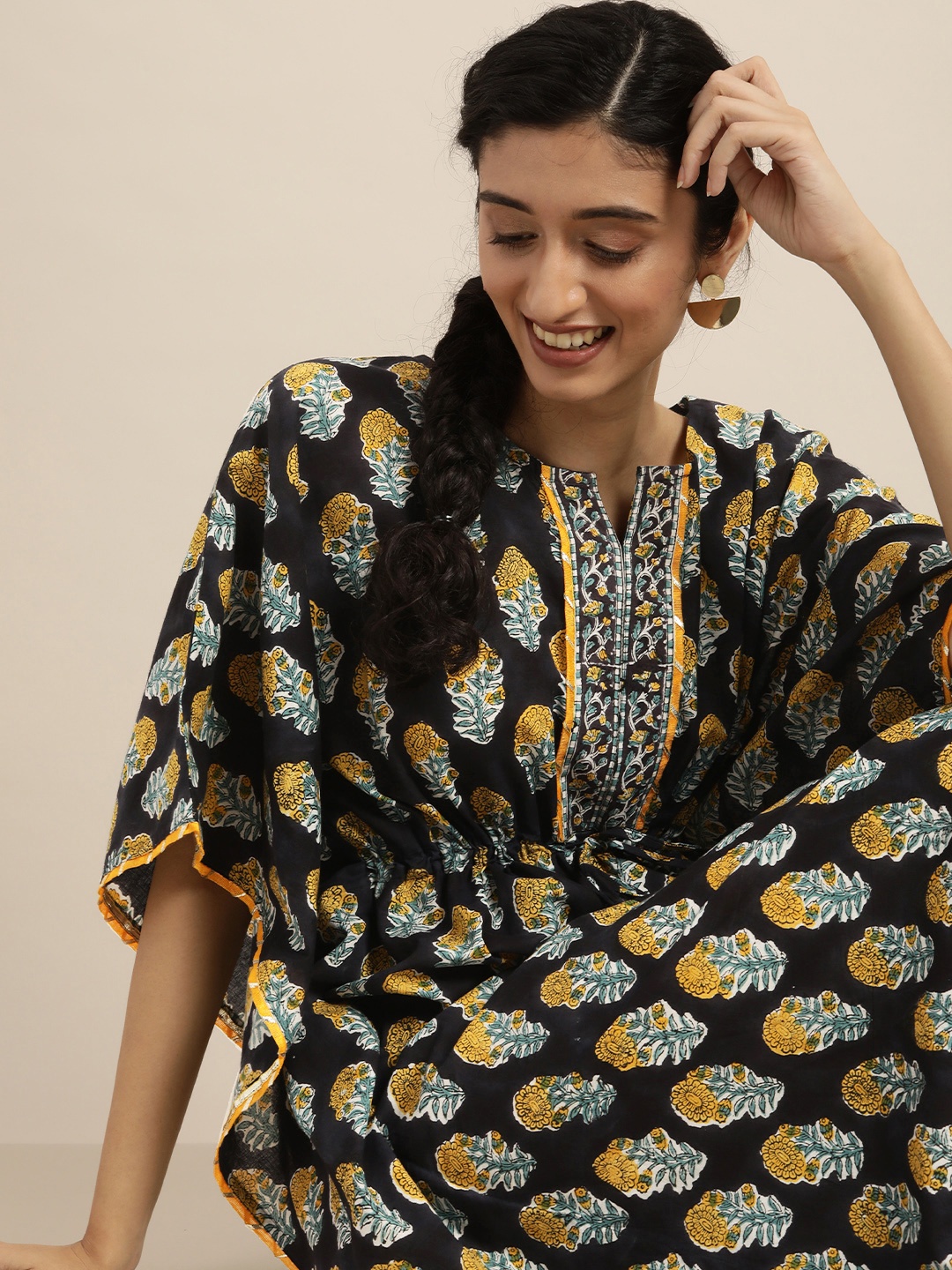 

Taavi Women Black & Yellow Block Print Legacy Kaftaan Kurta