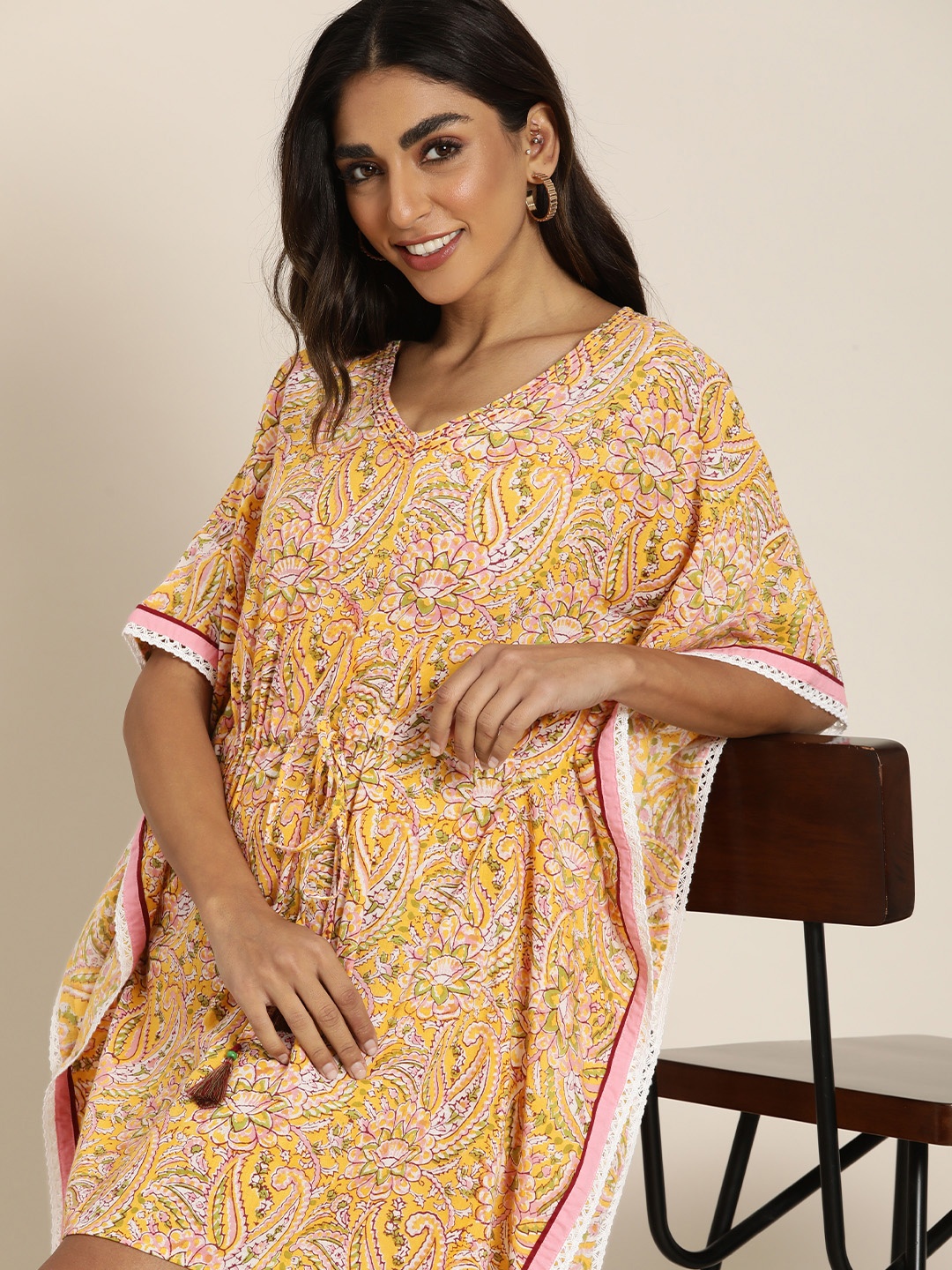 

Taavi Women Mustard Yellow & Pink Ethnic Motifs Printed Pure Cotton Kaftan Nightdress