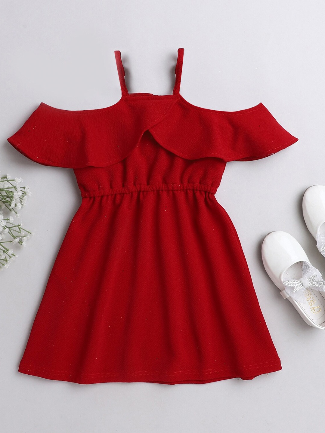 

taffykids Girls Red Solid Cold Shoulder Dress