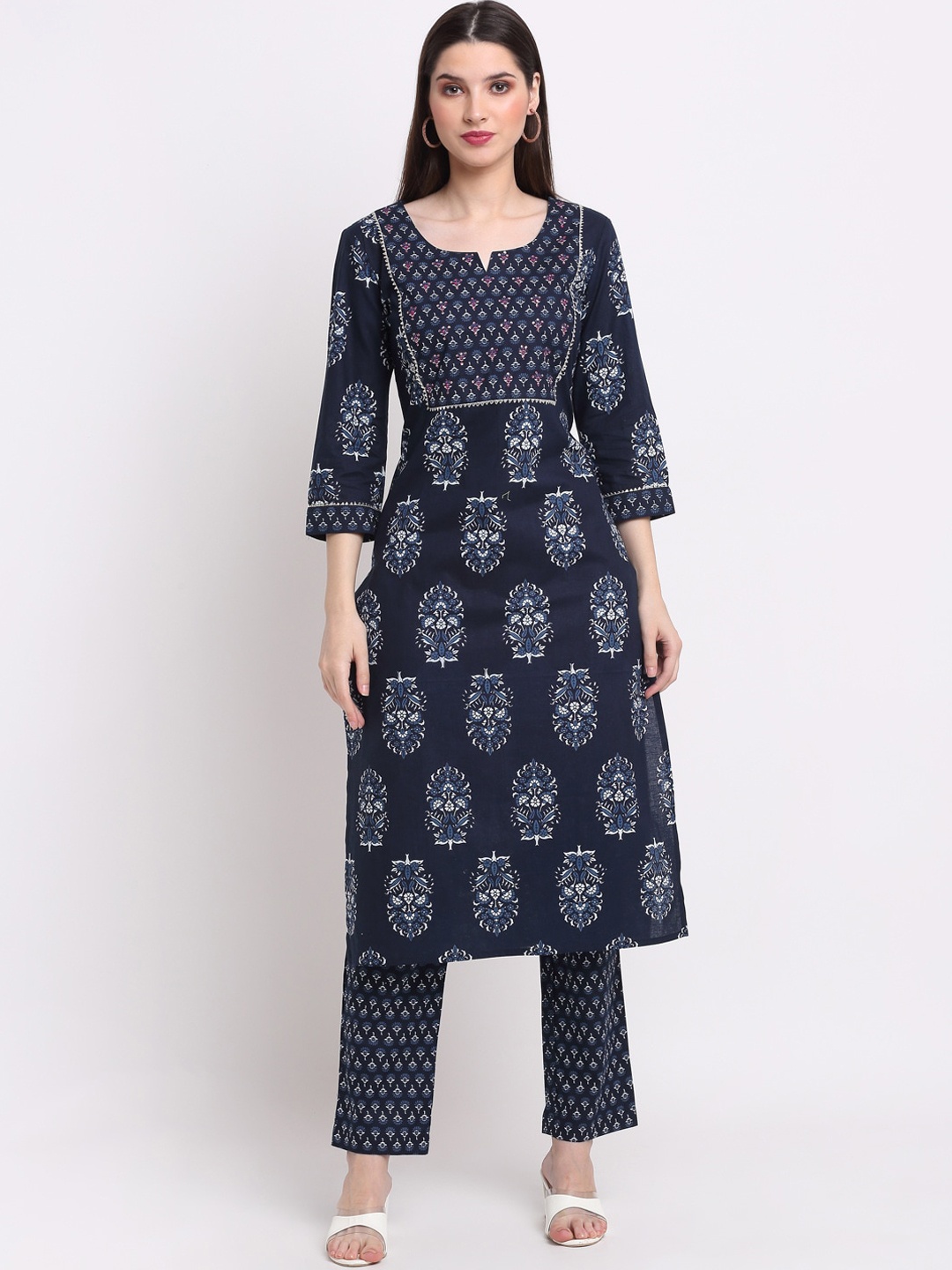 

KALINI Women Navy Blue Ethnic Motifs Printed Pure Cotton Kurta With Trousers