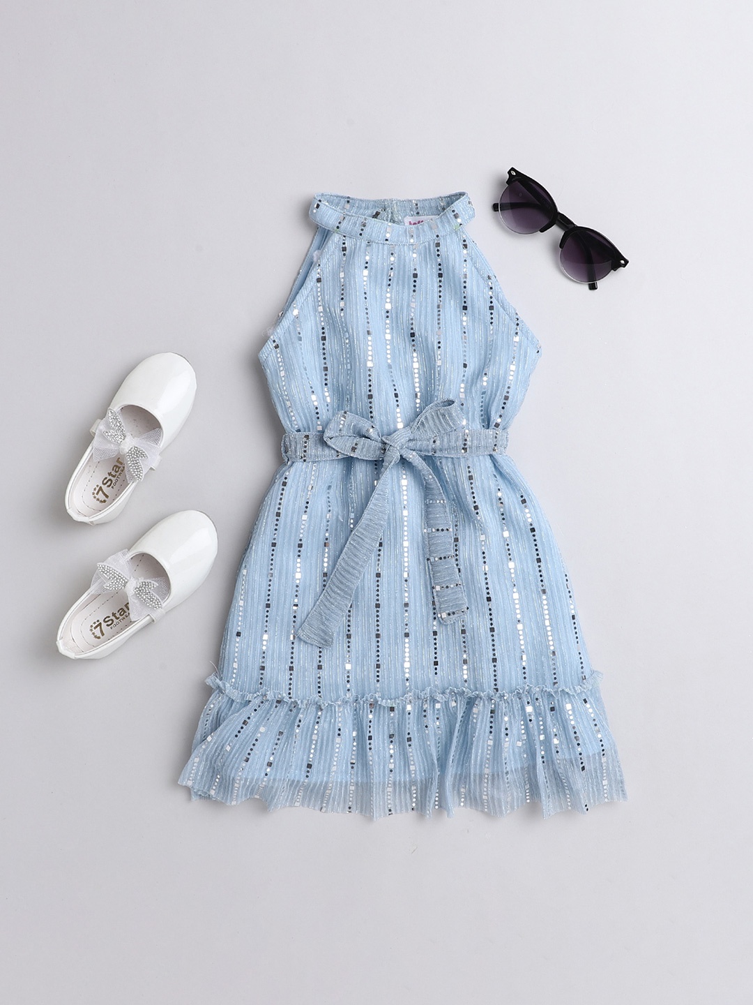 

taffykids Girls Blue Embellished Halter Neck A-Line Dress