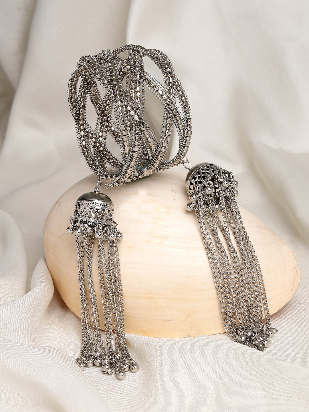 

Moedbuille Women Silver-Plated Brass Tasselled Cuff Bracelet