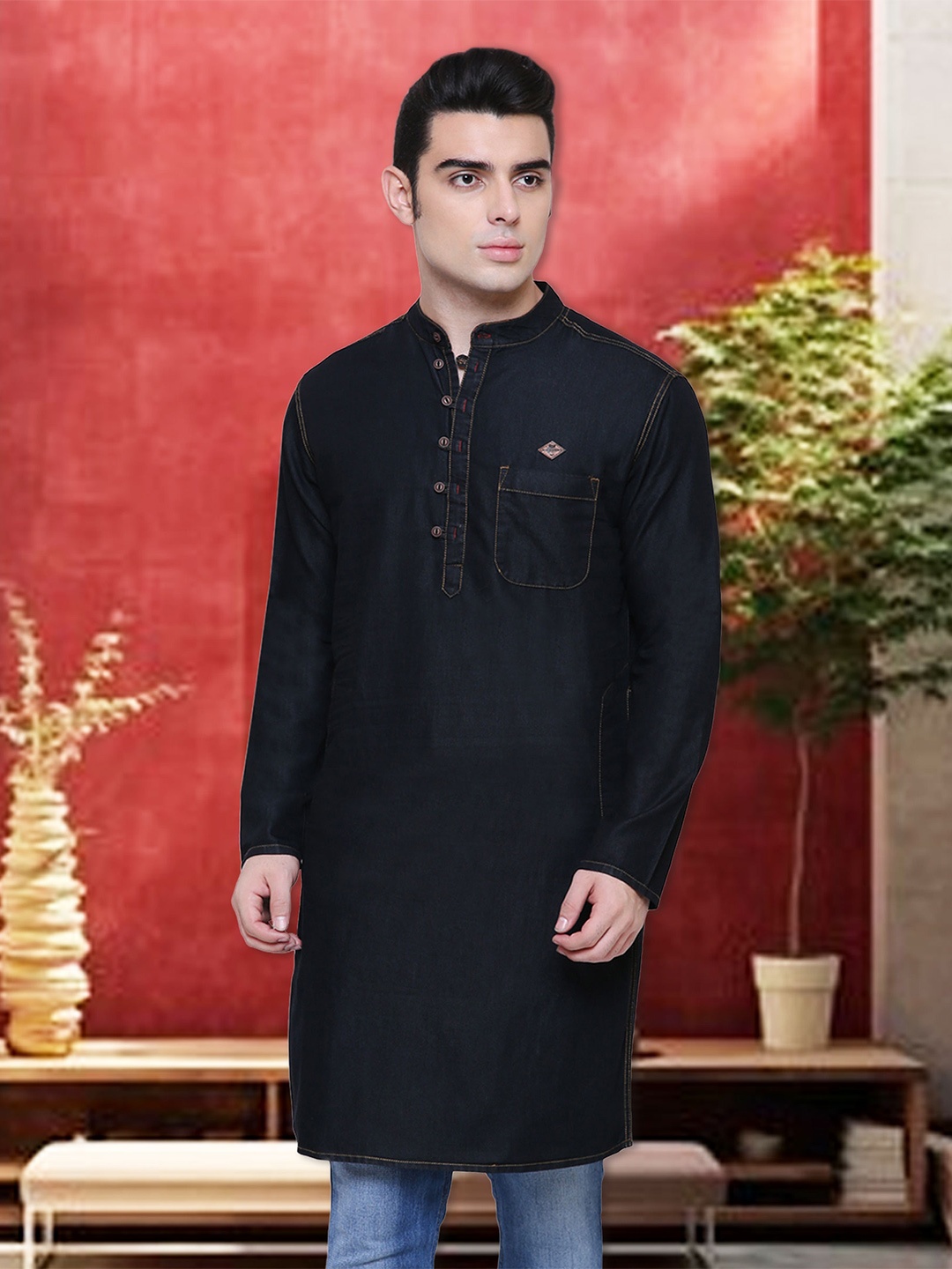 

Kuons Avenue Men Black Denim Kurta
