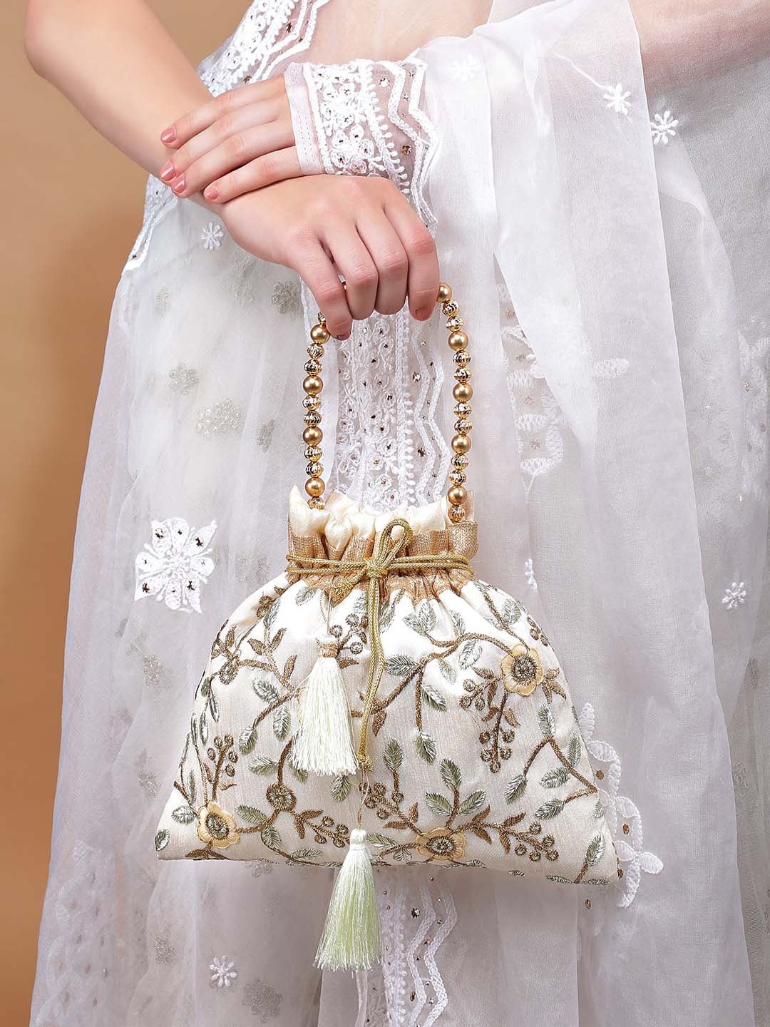 

Rubans White & Gold-Toned Embroidered Potli Clutch