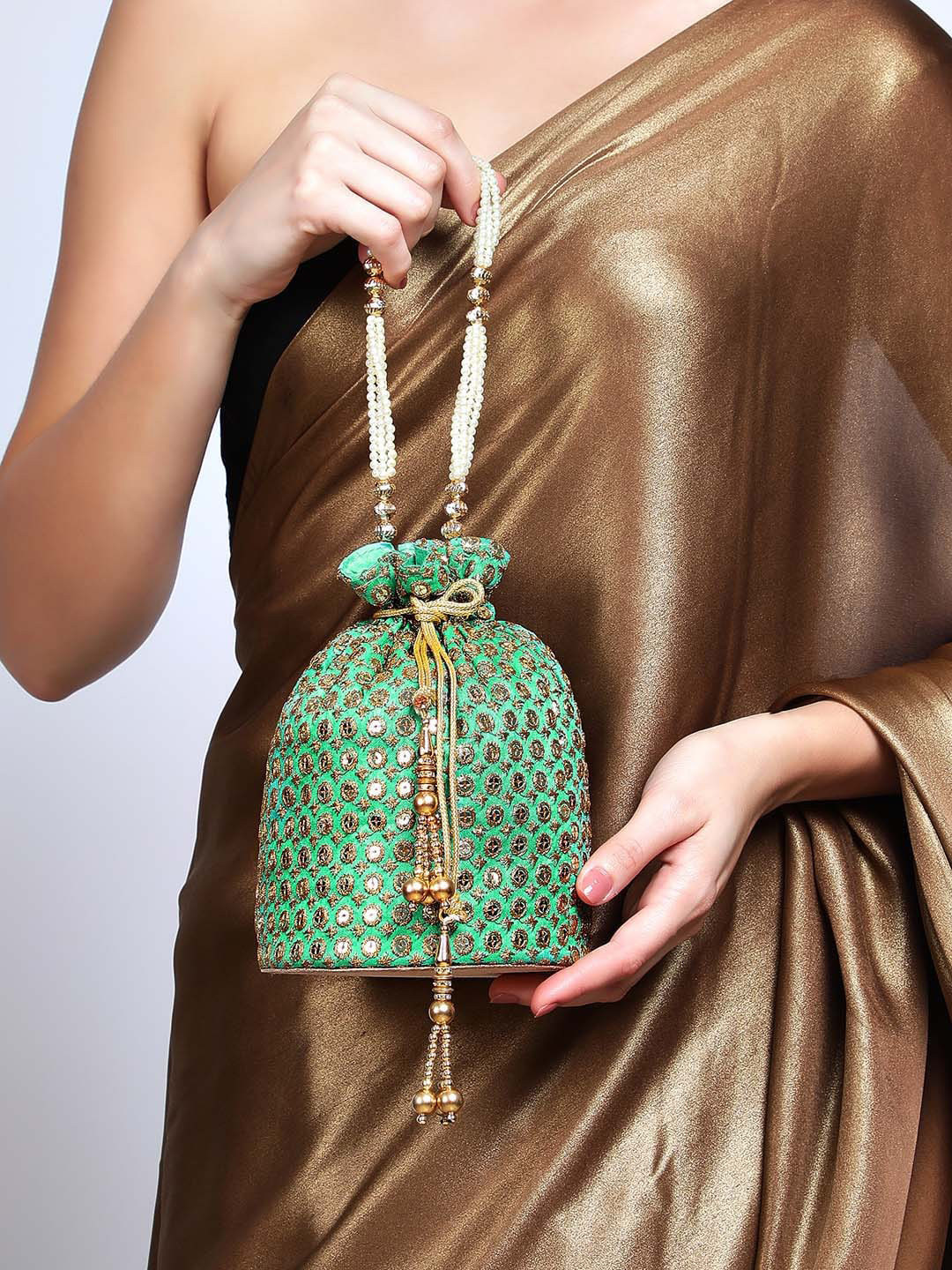 

Rubans Green & White Embroidered Potli Clutch