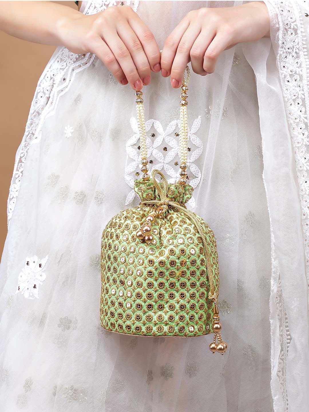 

Rubans Green & White Embroidered Potli Clutch