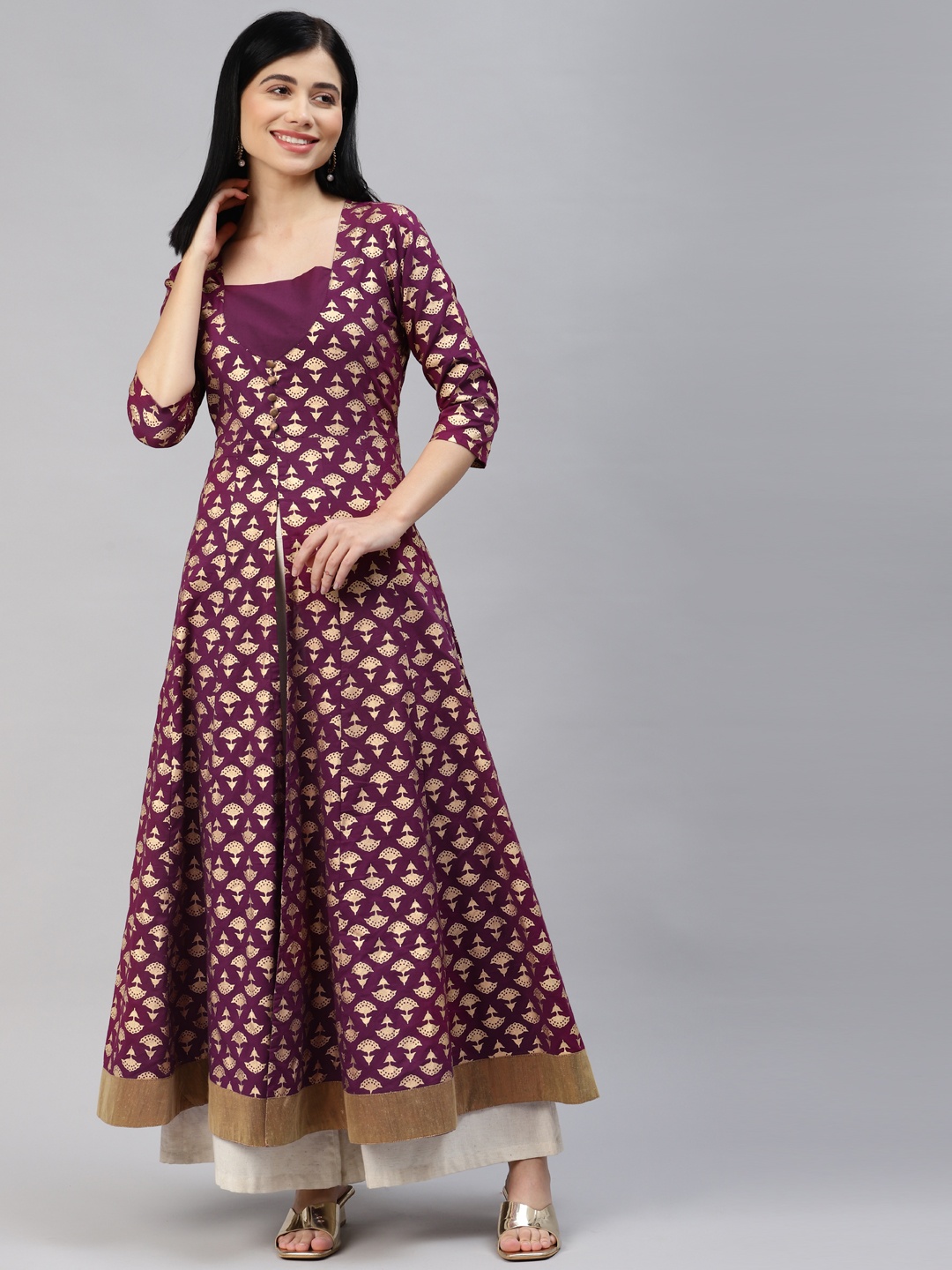 

MBE Women Purple & Beige Ethnic Motifs Printed Pure Cotton Anarkali Kurta