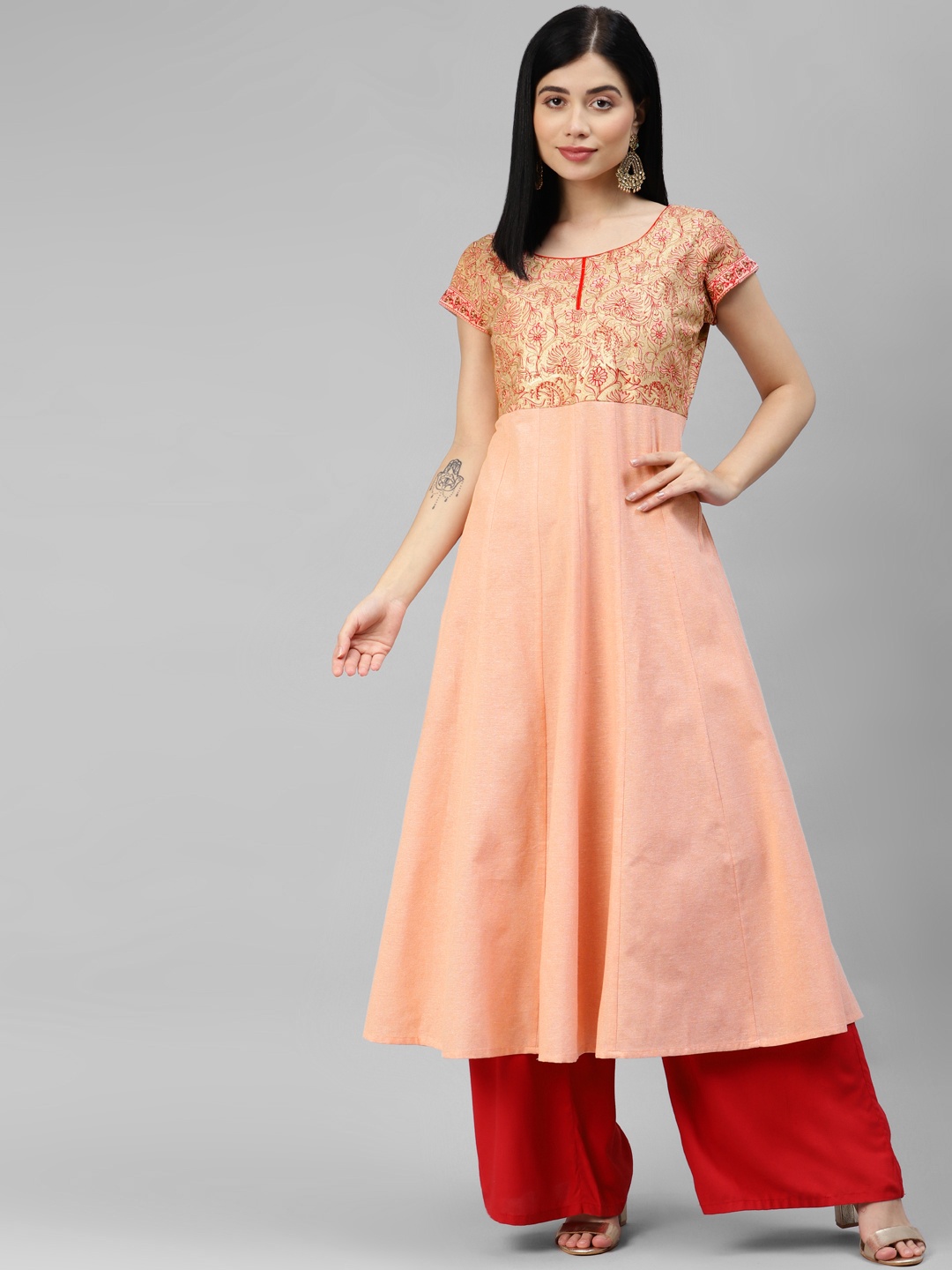 

MBE Women Peach-Coloured & Golden Ethnic Motifs Printed Pure Cotton Anarkali Kurta