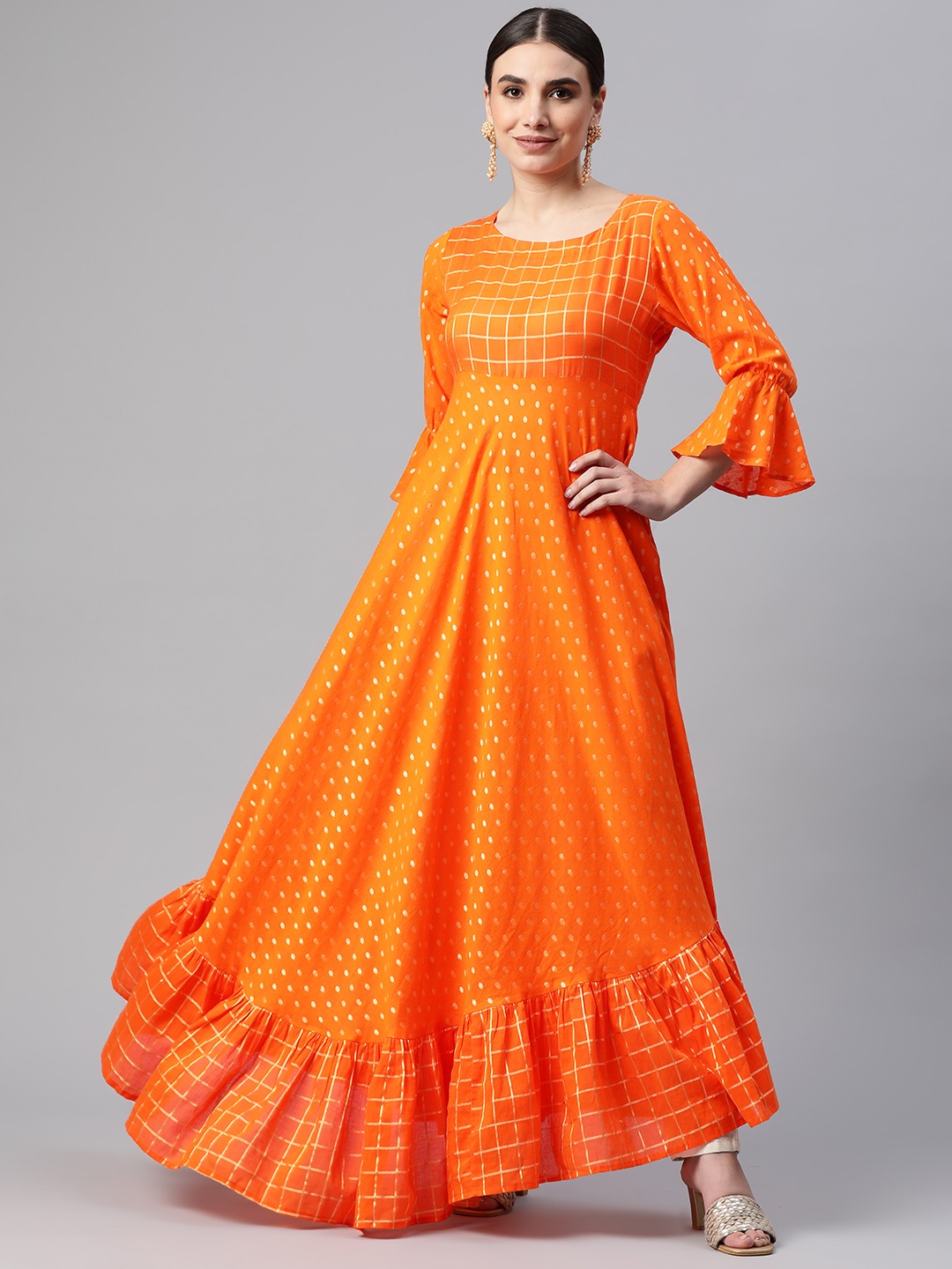 

MBE Women Orange Ethnic Motifs Bell Sleeves Lace Frills Bows and Ruffles Anarkali Kurta