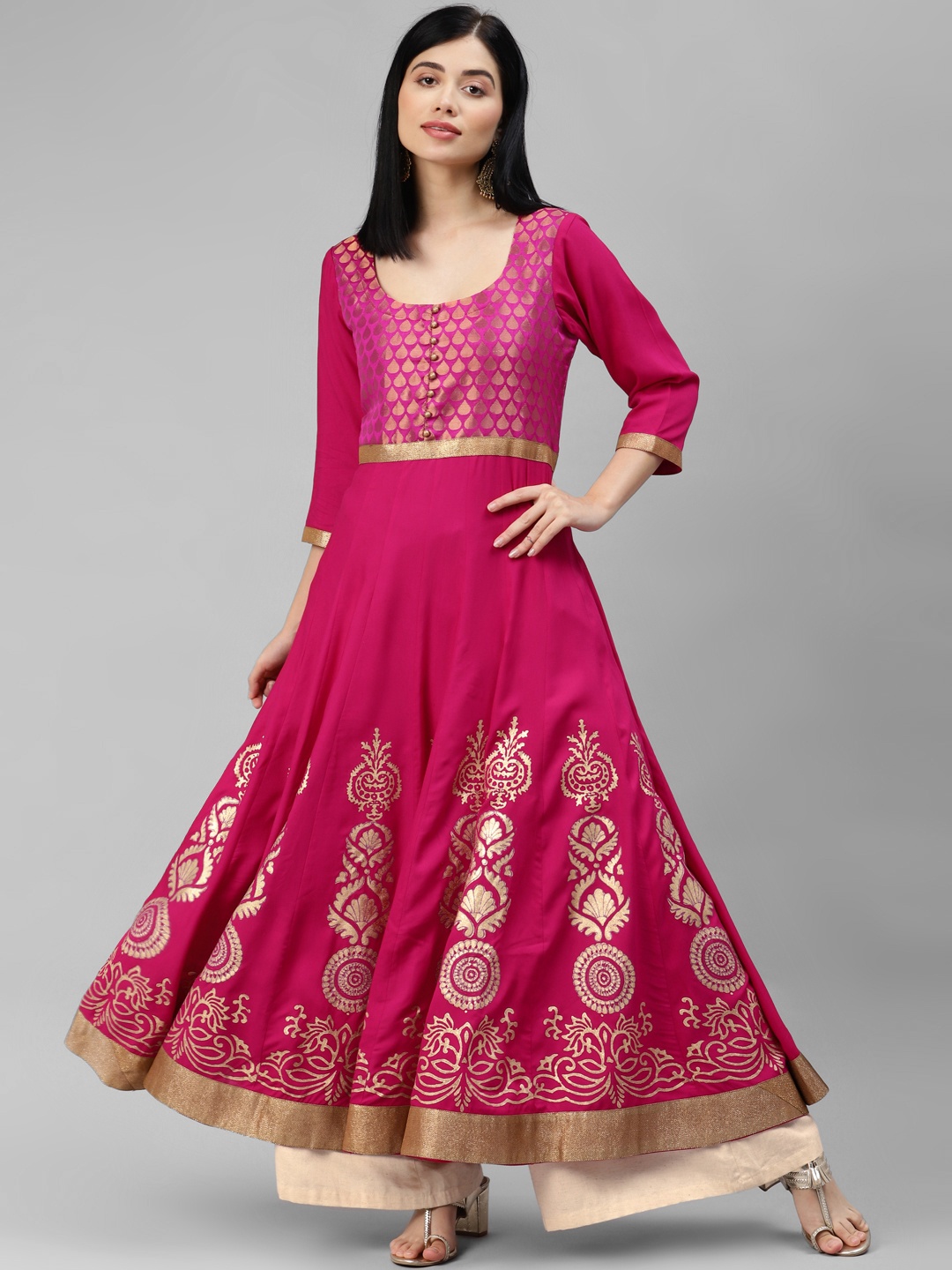 

MBE Women Magenta & Golden Ethnic Motifs Printed Pure Cotton Anarkali Kurta