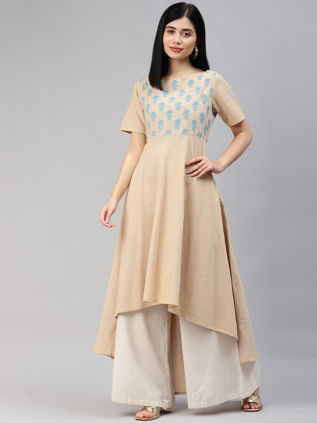 

MBE Women Beige & Blue Ethnic Motifs Printed Pure Cotton Asymmetric Anarkali Kurta