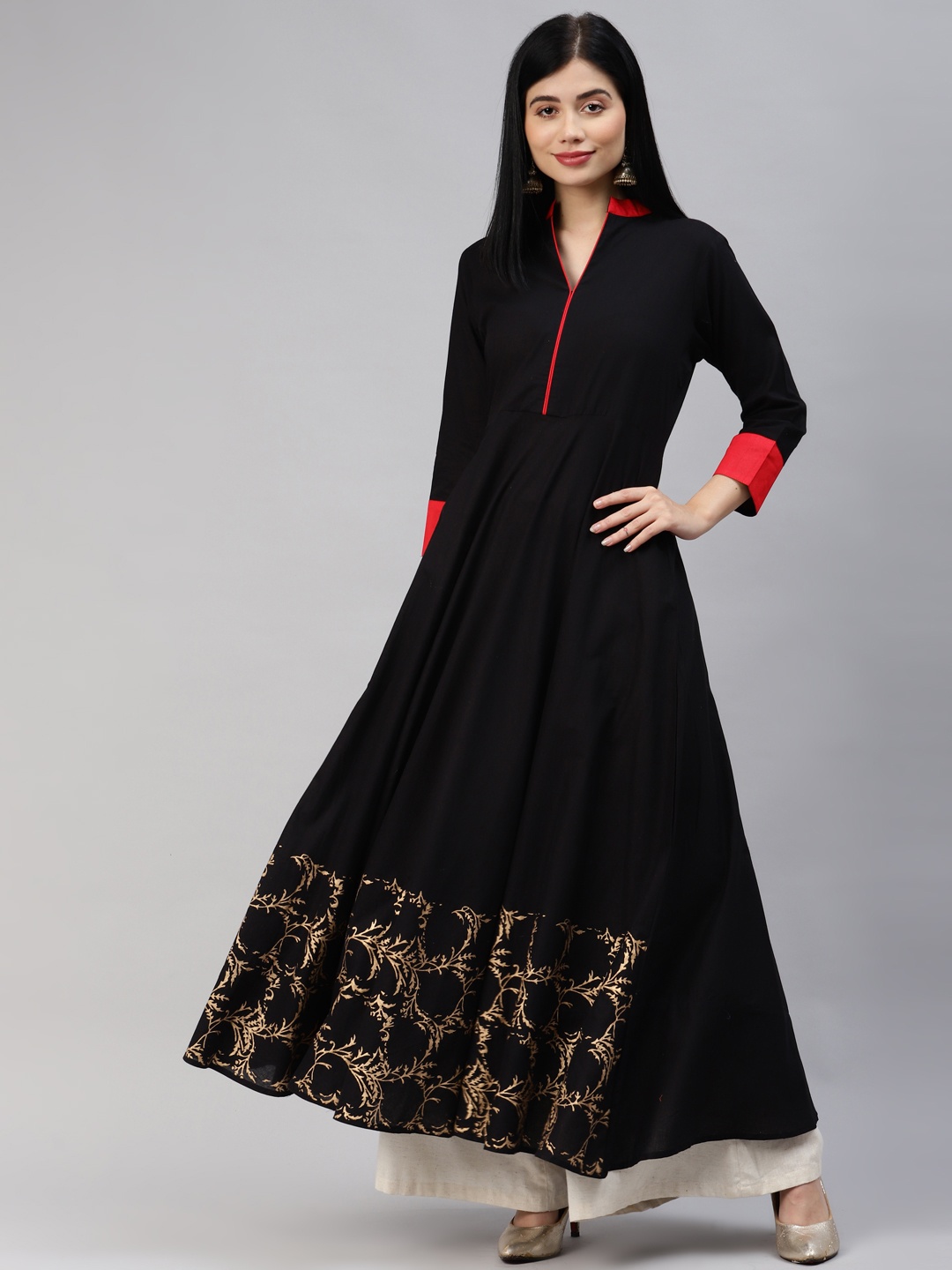 

MBE Women Black & Golden Ethnic Motifs Printed Pure Cotton Anarkali Kurta