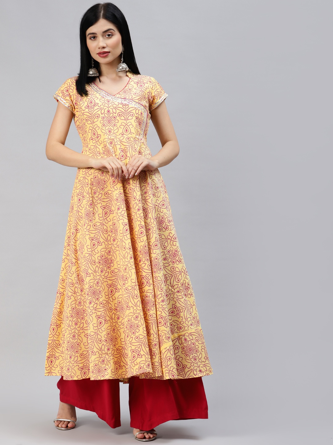 

MBE Women Yellow & Red Ethnic Motifs Printed Pure Cotton Gotta Patti Anarkali Kurta