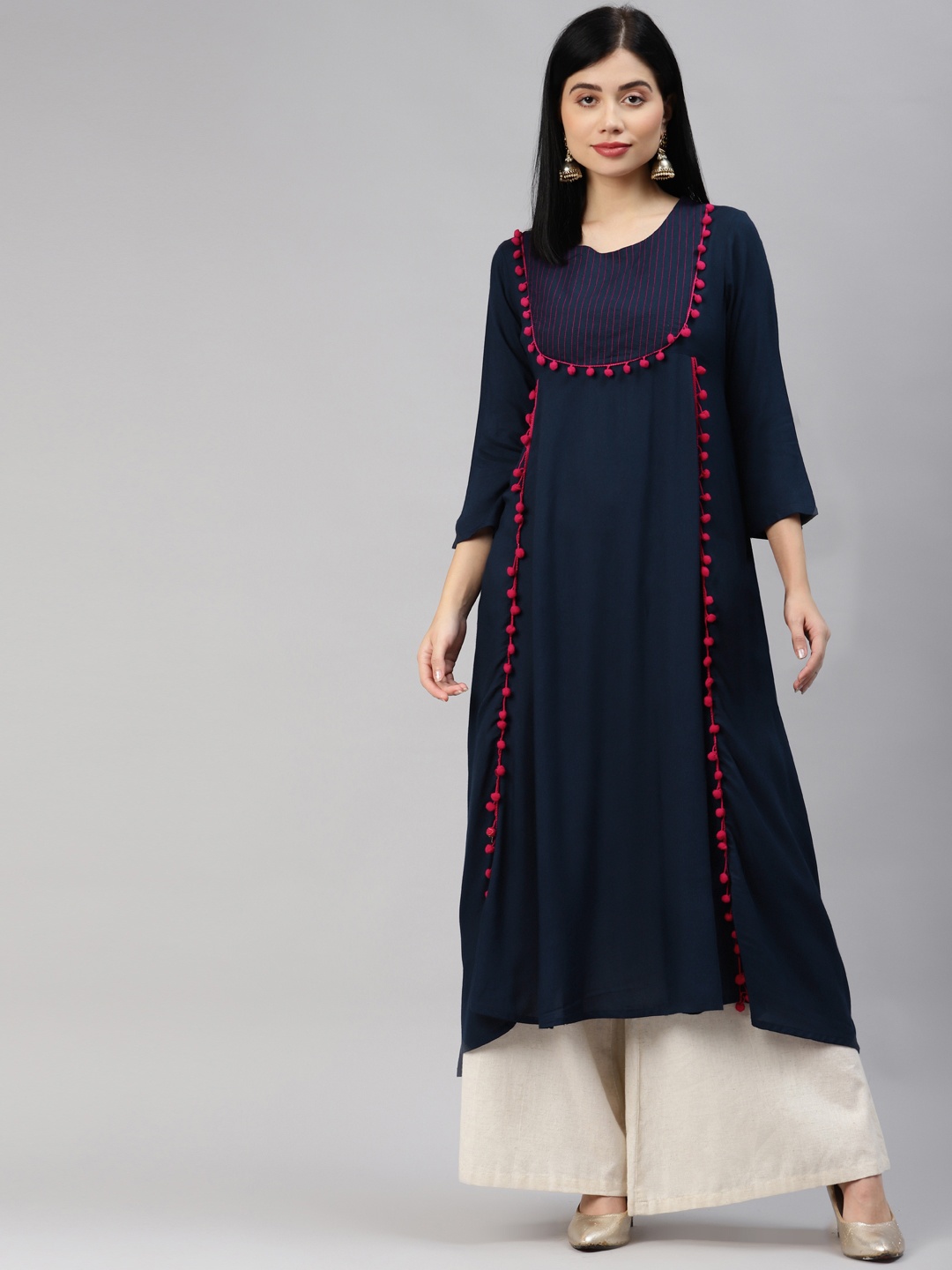 

MBE Women Navy Blue Solid Embroidered Kurta