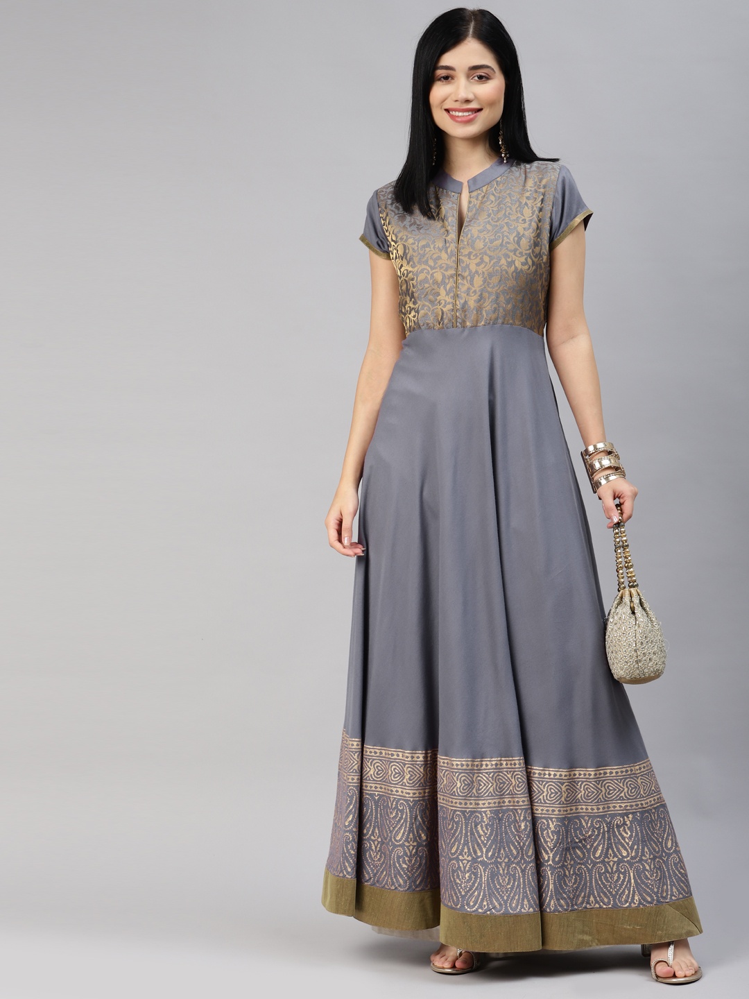 

MBE Women Grey & Golden Ethnic Motifs Printed Pure Cotton Anarkali Kurta