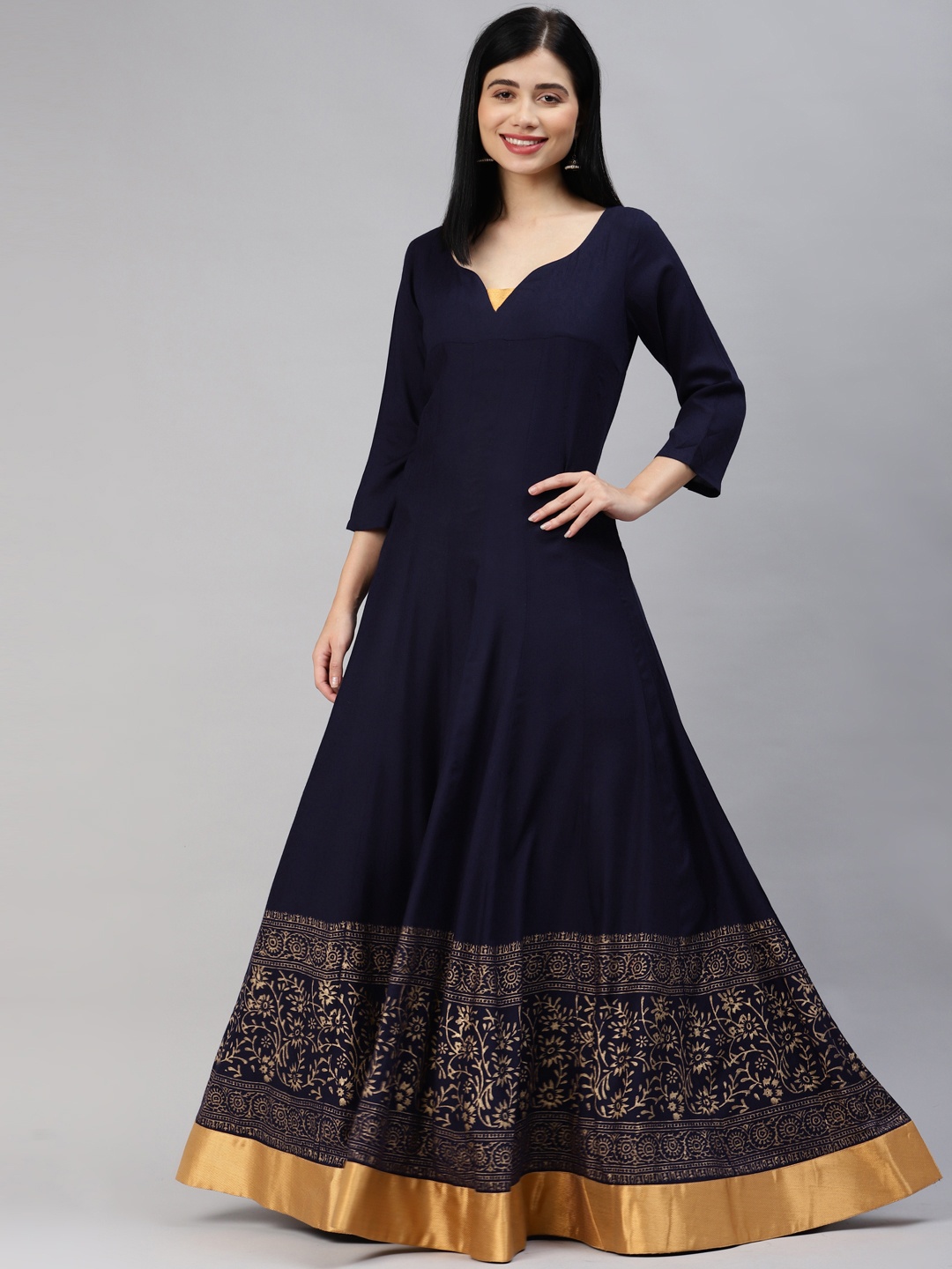 

MBE Women Navy Blue & Golden Ethnic Motifs Printed Indigo Anarkali Kurta