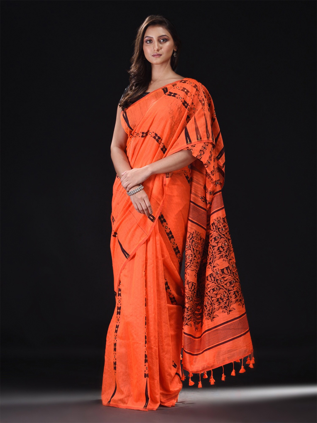 

BEATITUDE Orange & Black Striped Silk Cotton Jamdani Saree