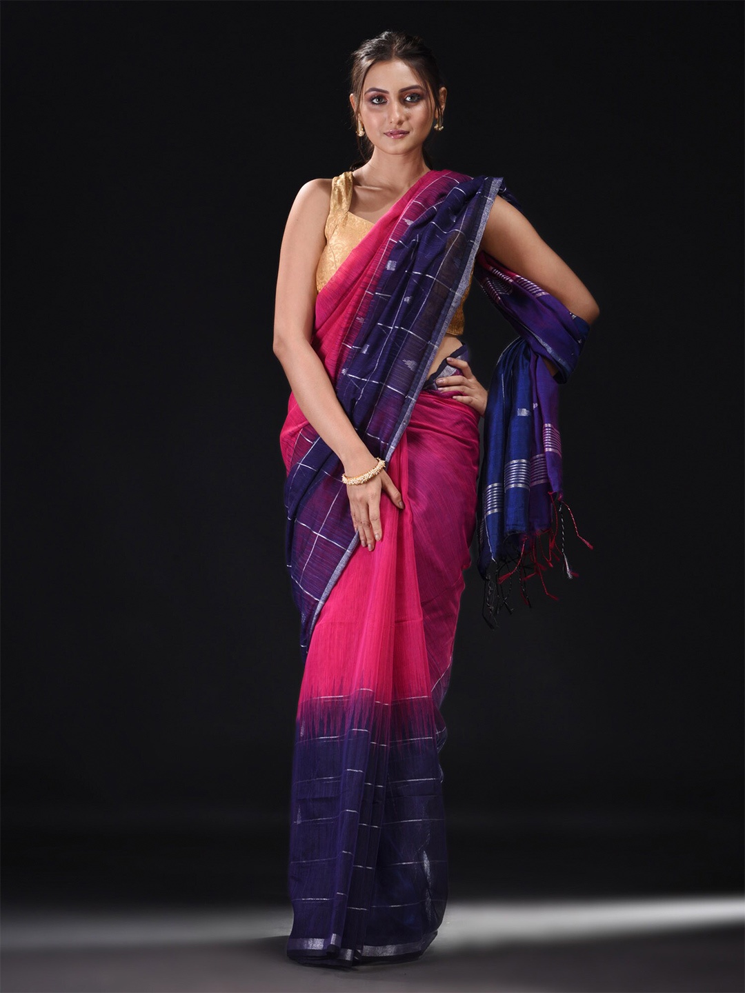 

BEATITUDE Pink & Purple Contrast Border Zari Saree