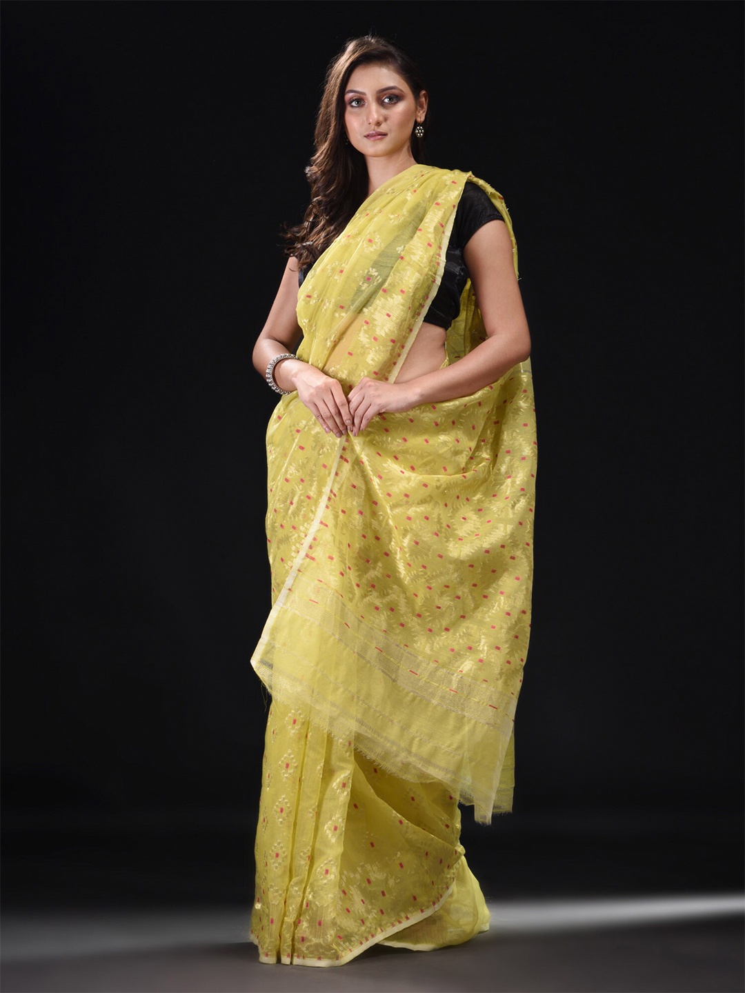 

BEATITUDE Yellow & Red Woven Design Zari Silk Cotton Saree