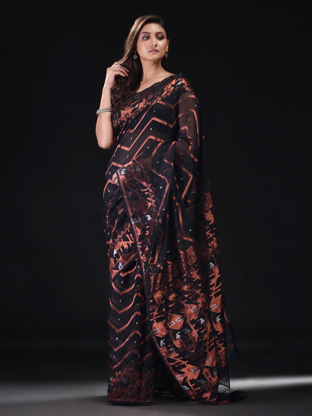

BEATITUDE Black & Orange Woven Design Zari Silk Cotton Saree