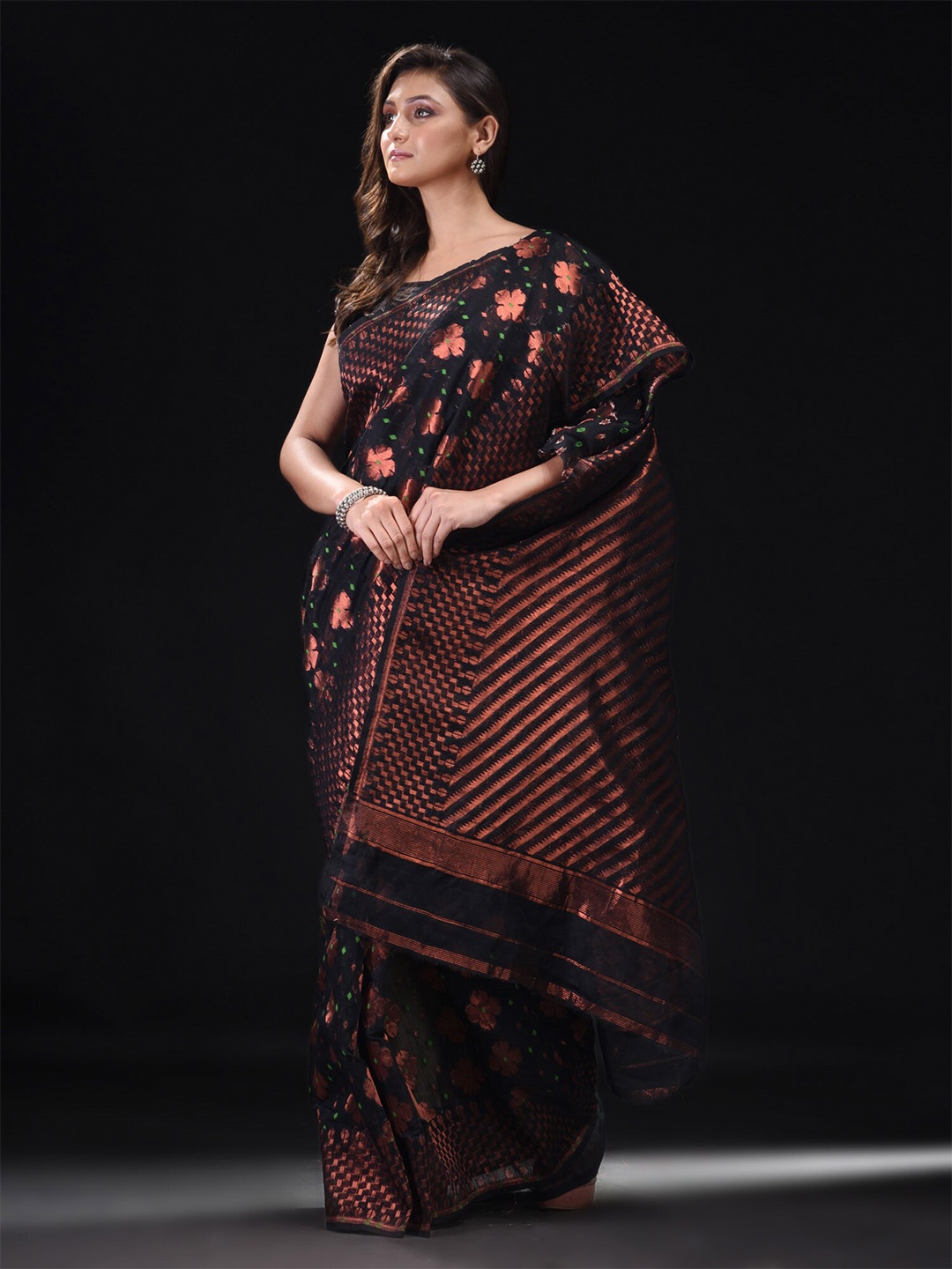 

BEATITUDE Black & Orange Woven Design Zari Silk Cotton Saree