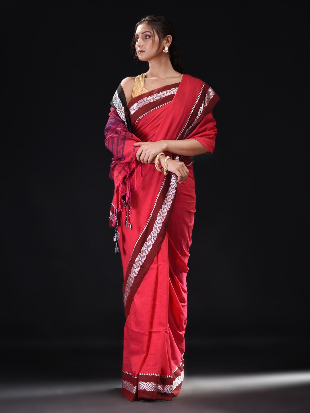 

BEATITUDE Red & Purple Zari Pure Cotton Saree