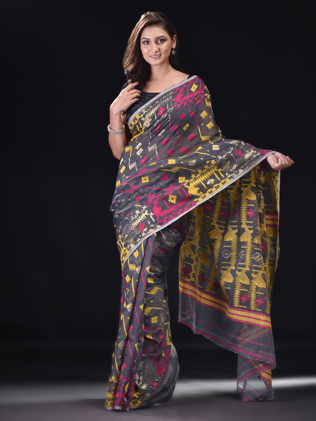 

BEATITUDE Grey & Yellow Woven Design Silk Cotton Saree