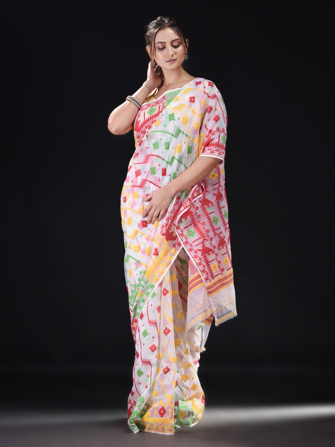 

BEATITUDE White & Green Woven Design Zari Silk Cotton Saree