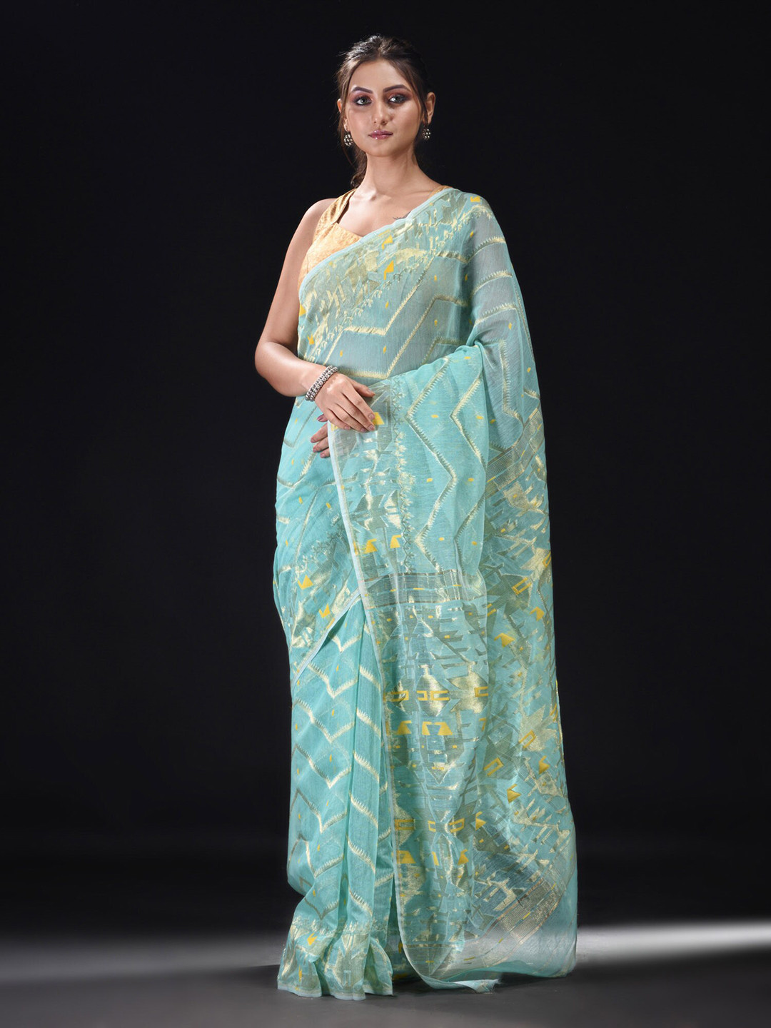 

BEATITUDE Blue & Yellow Woven Design Silk Cotton Saree