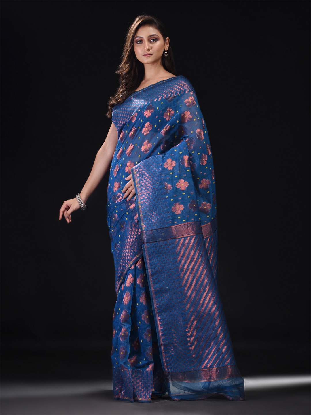 

BEATITUDE Blue & Copper-Toned Floral Silk Cotton Saree