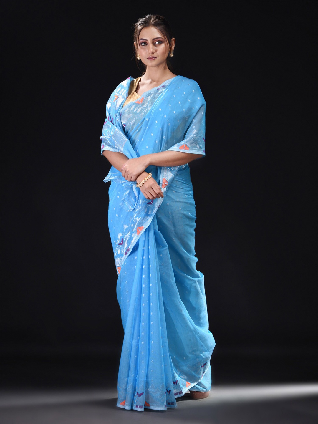 

BEATITUDE Blue & Navy Blue Woven Design Zari Silk Cotton Jamdani Saree