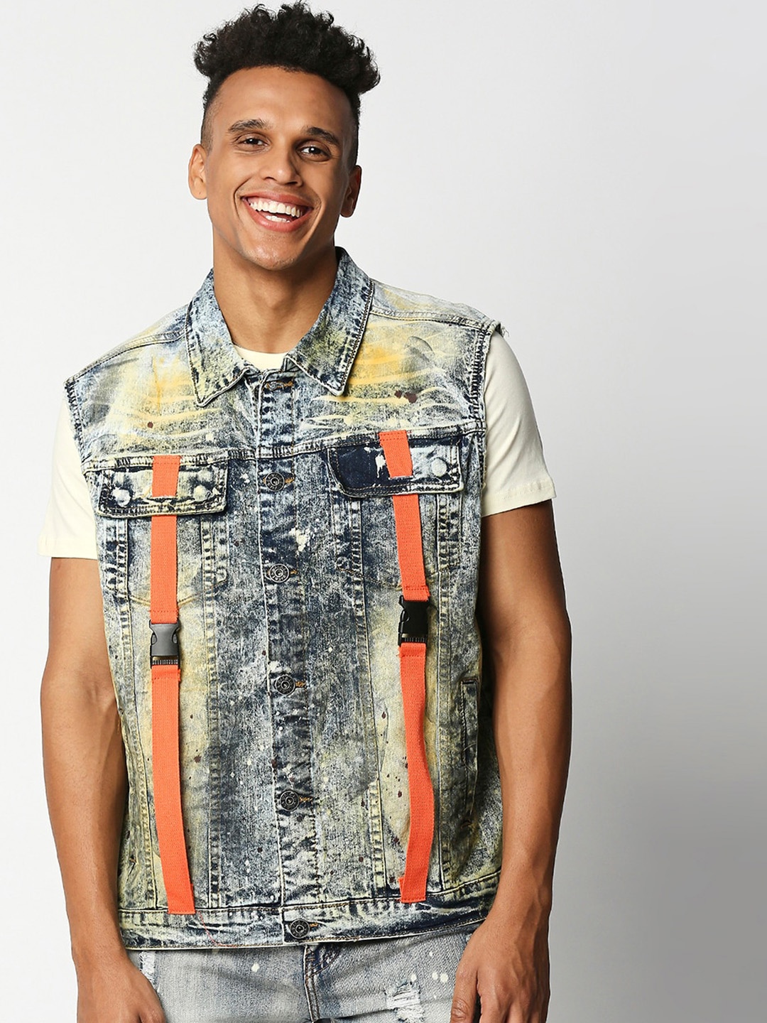 

WAIMEA Men Blue Washed Denim with Orange Belt Straps Jacket