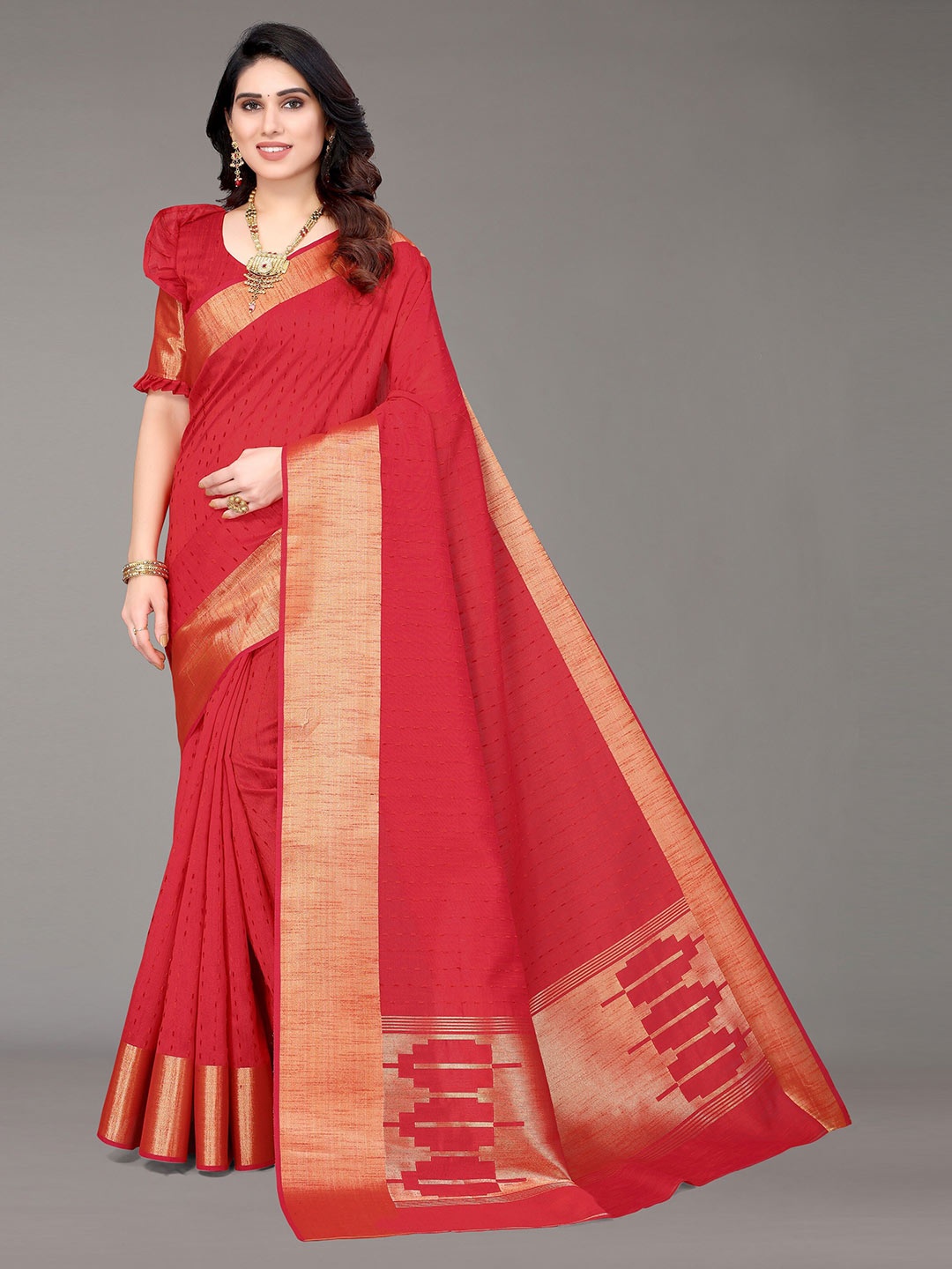 

Winza Designer Red & Gold-Toned Striped Zari Silk Blend Banarasi Saree