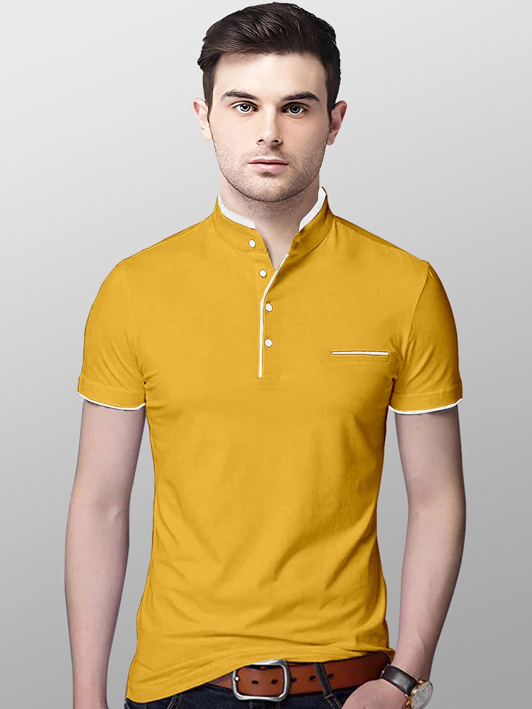 

AUSK Men Mustard Yellow Mandarin Collar T-shirt