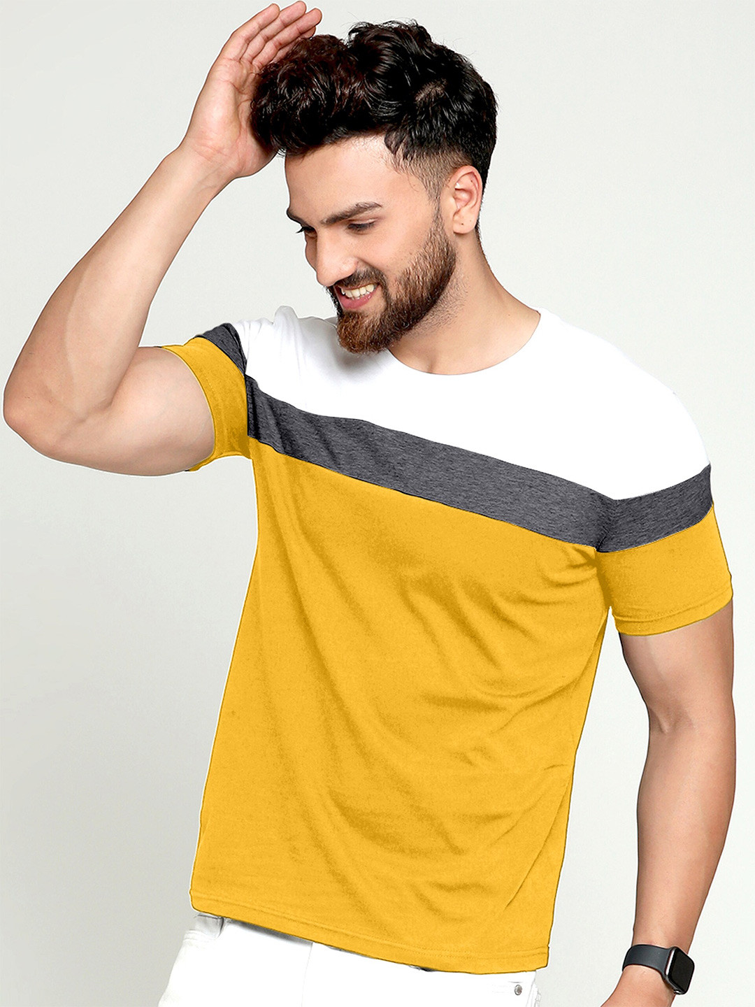 

AUSK Men Mustard Yellow & White Colourblocked T-shirt