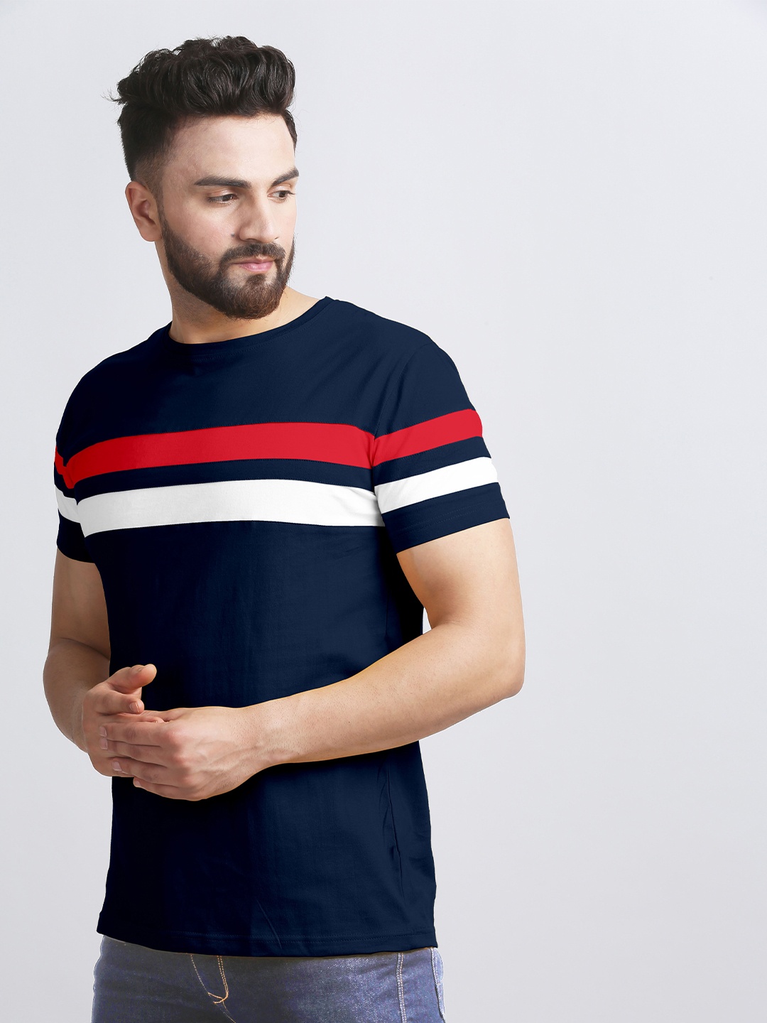 

AUSK Men Blue Striped Colourblocked Round Neck Half Sleeve T-shirt