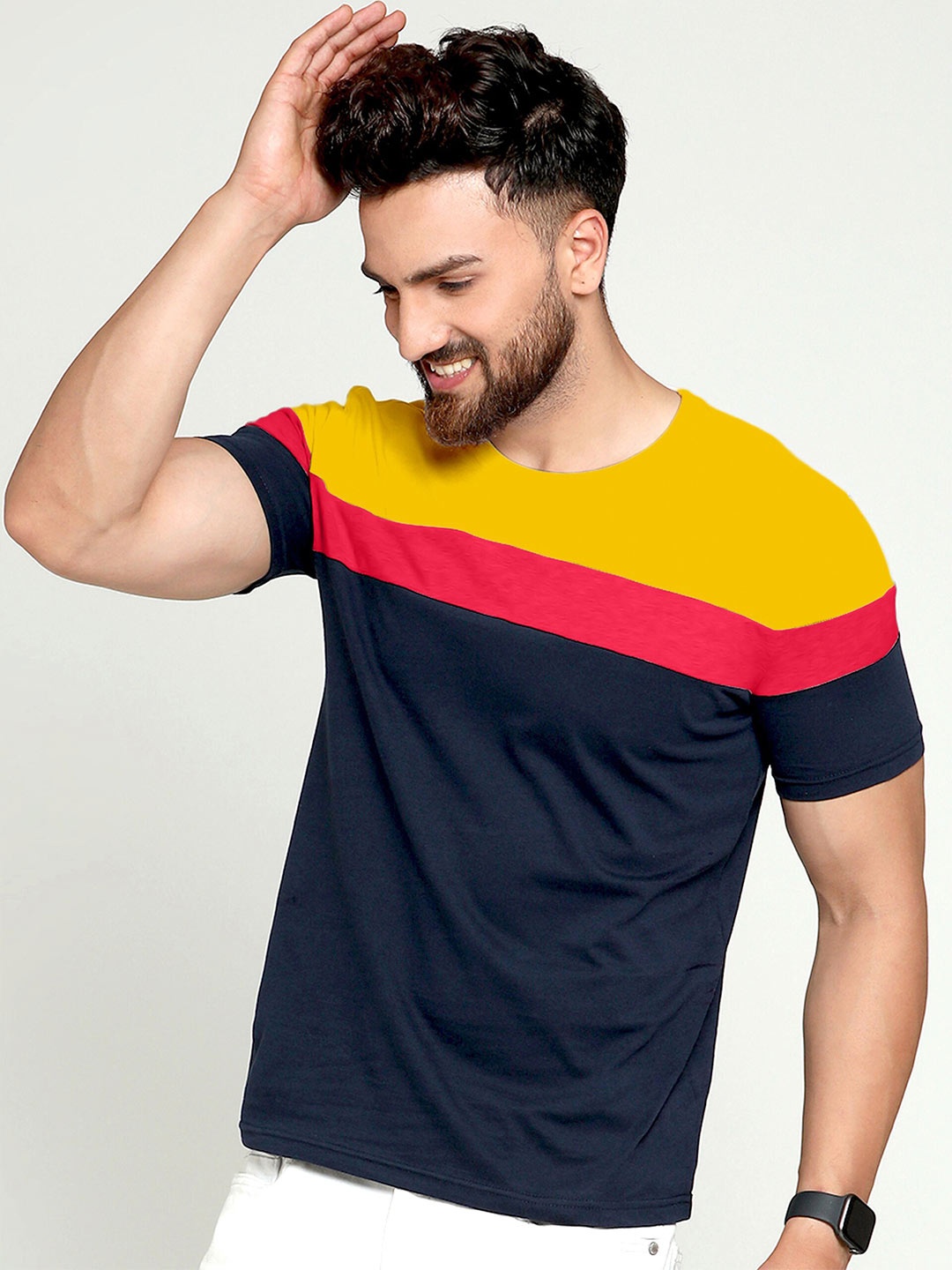 

AUSK Men Blue & Yellow Colourblocked Round Neck Half Sleeve T-shirt