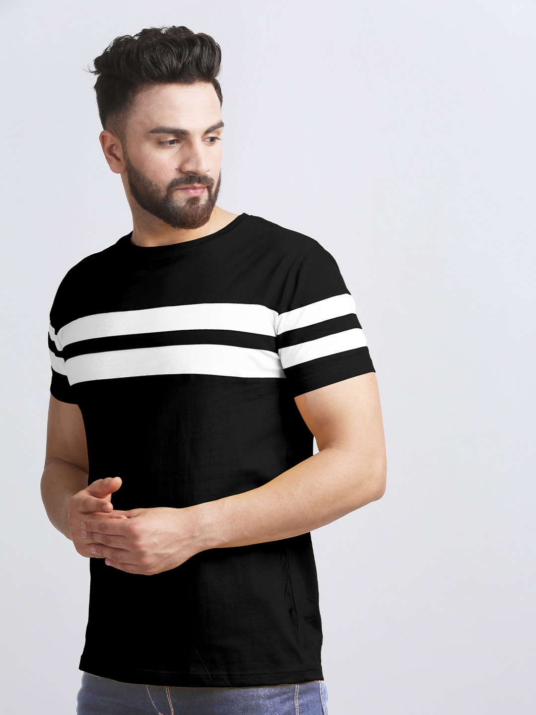 

AUSK Men Black & White Striped Monochrome Cotton T-shirt