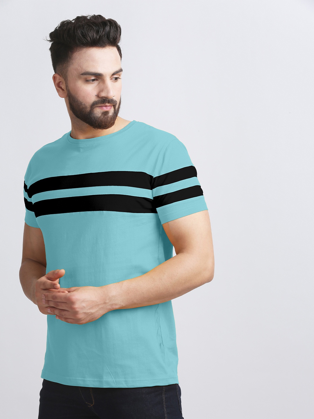 

AUSK Men Sea Green & Black Striped Cotton T-shirt