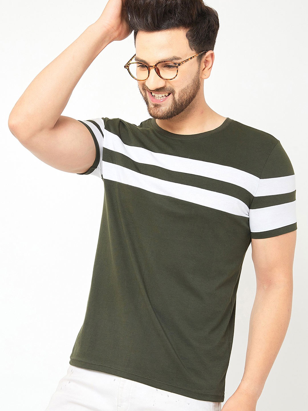 

AUSK Men Green Striped Monochrome Cotton T-shirt