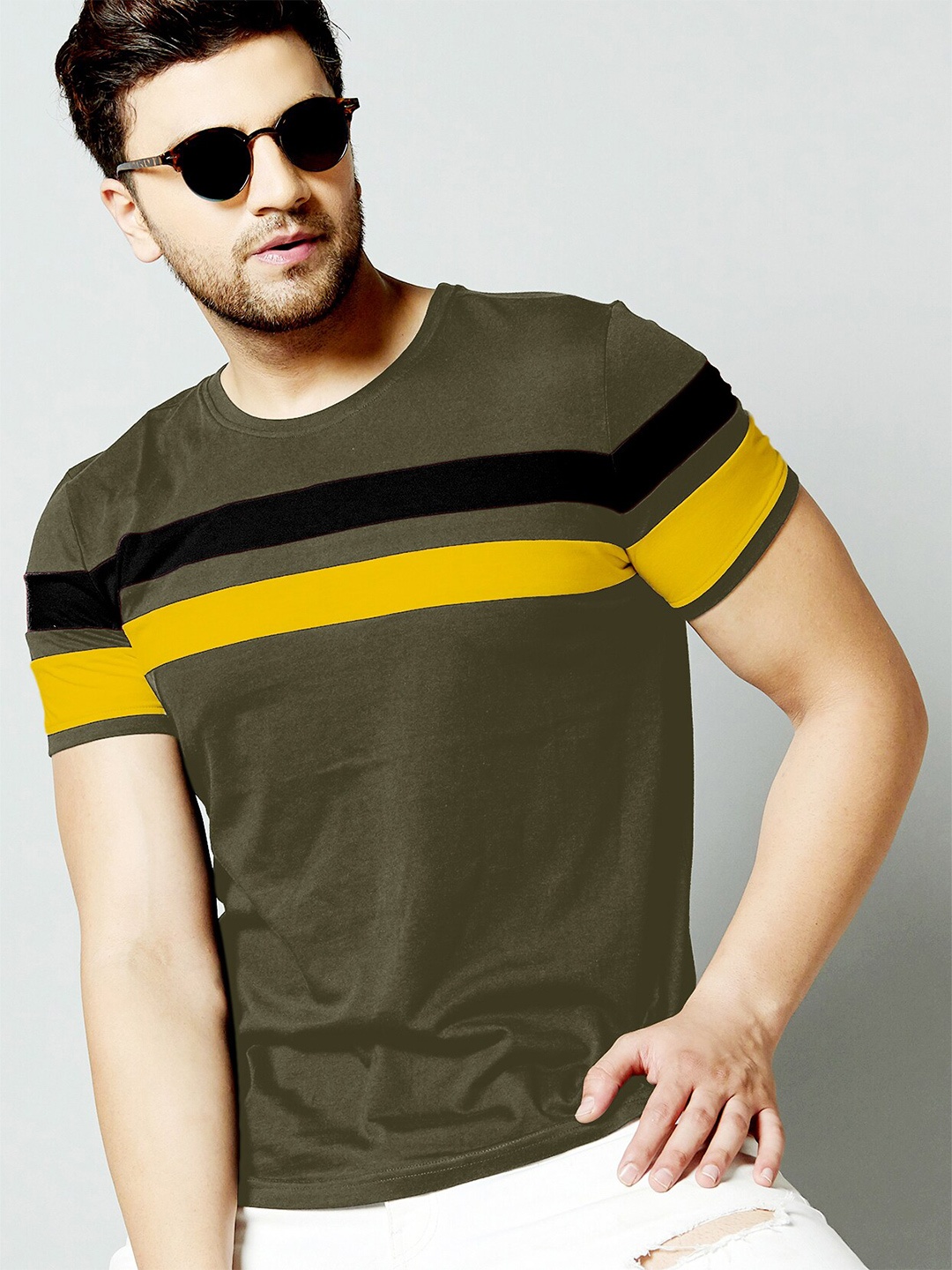

AUSK Men Green & Black Striped Cotton T-shirt