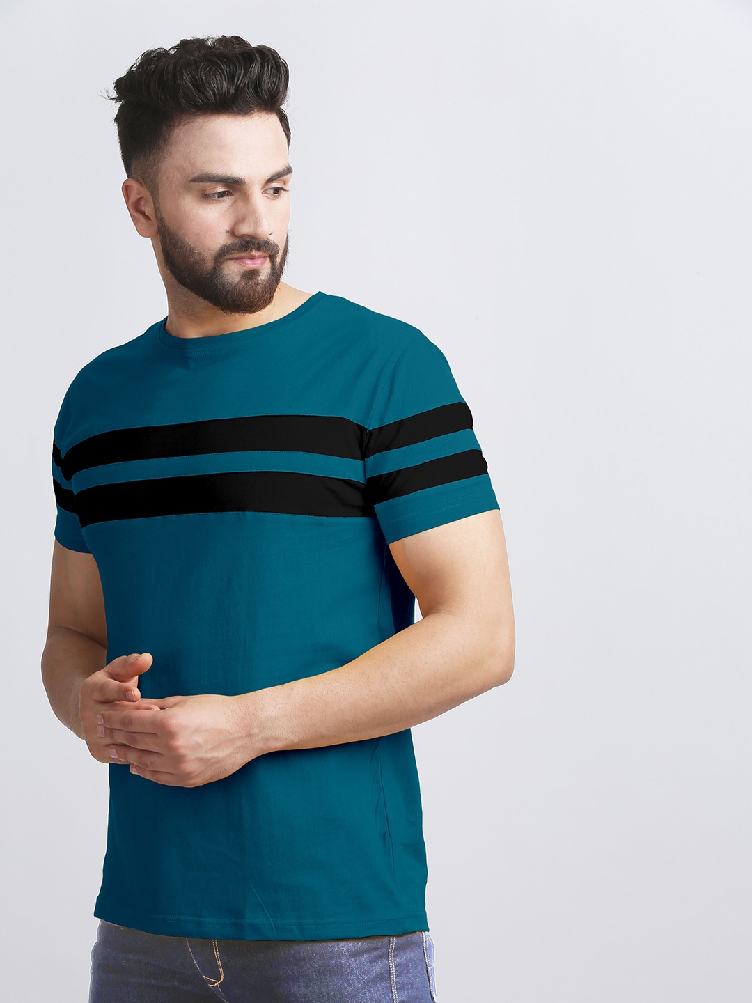 

AUSK Men Teal Striped T-shirt