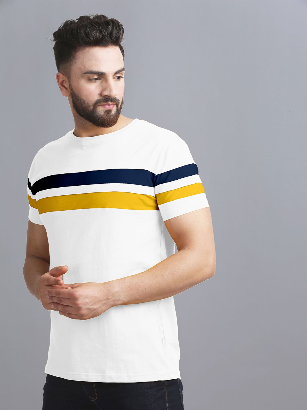 

AUSK Men White & Blue Striped T-shirt