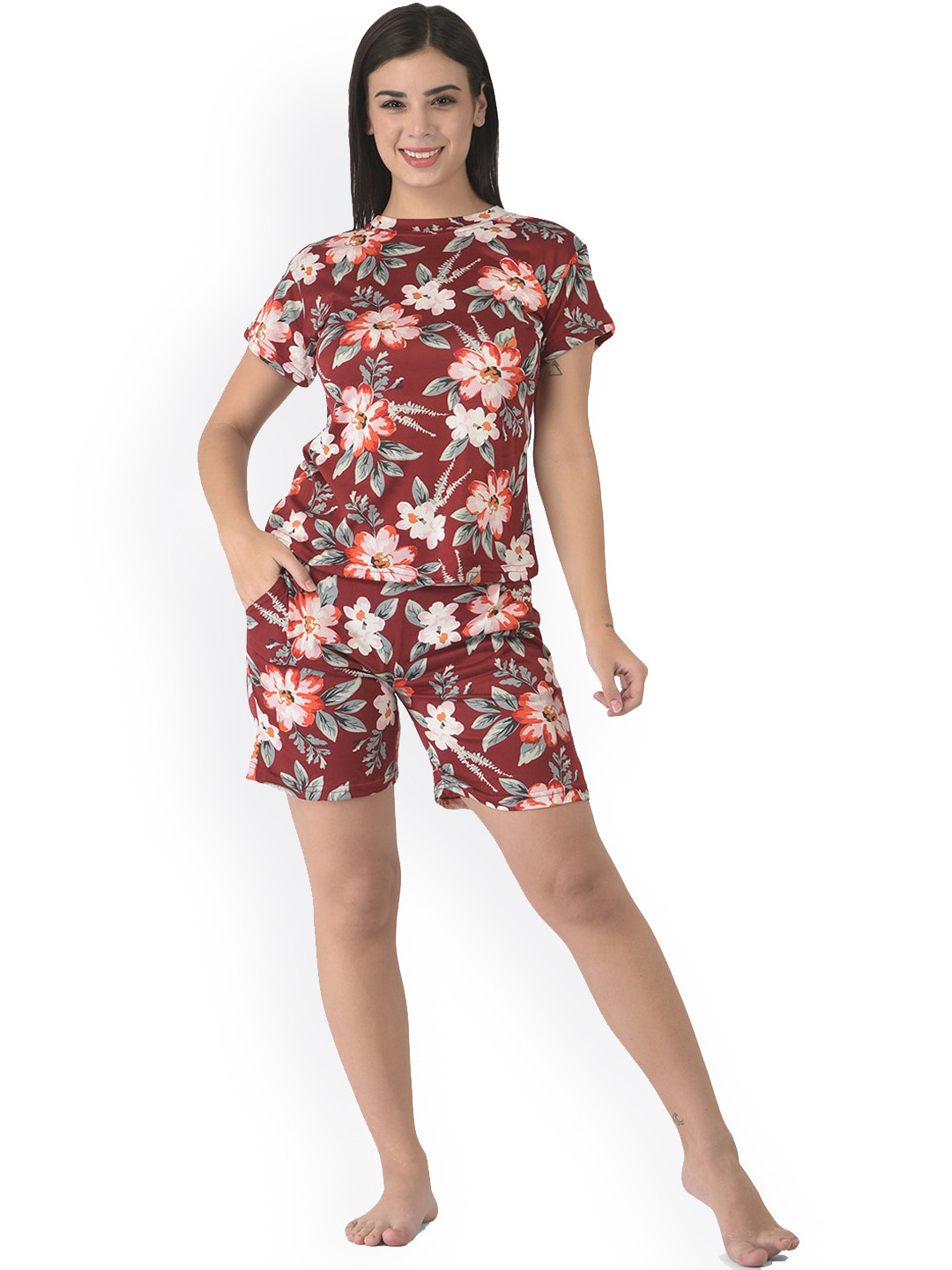 

Elendra jeans Girls Maroon & Red Printed Night suit
